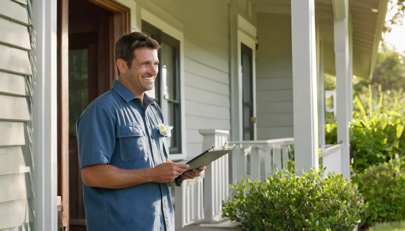 A friendly pest control provider talking with a homeowner at the front door of a house in Oak Grove